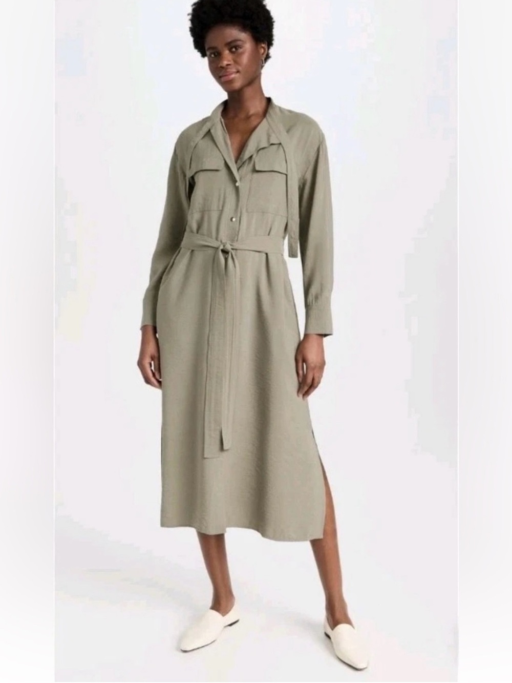 VINCE Soft Utility Long Sleeve Belted Shirt Midi Dress in Sage Green